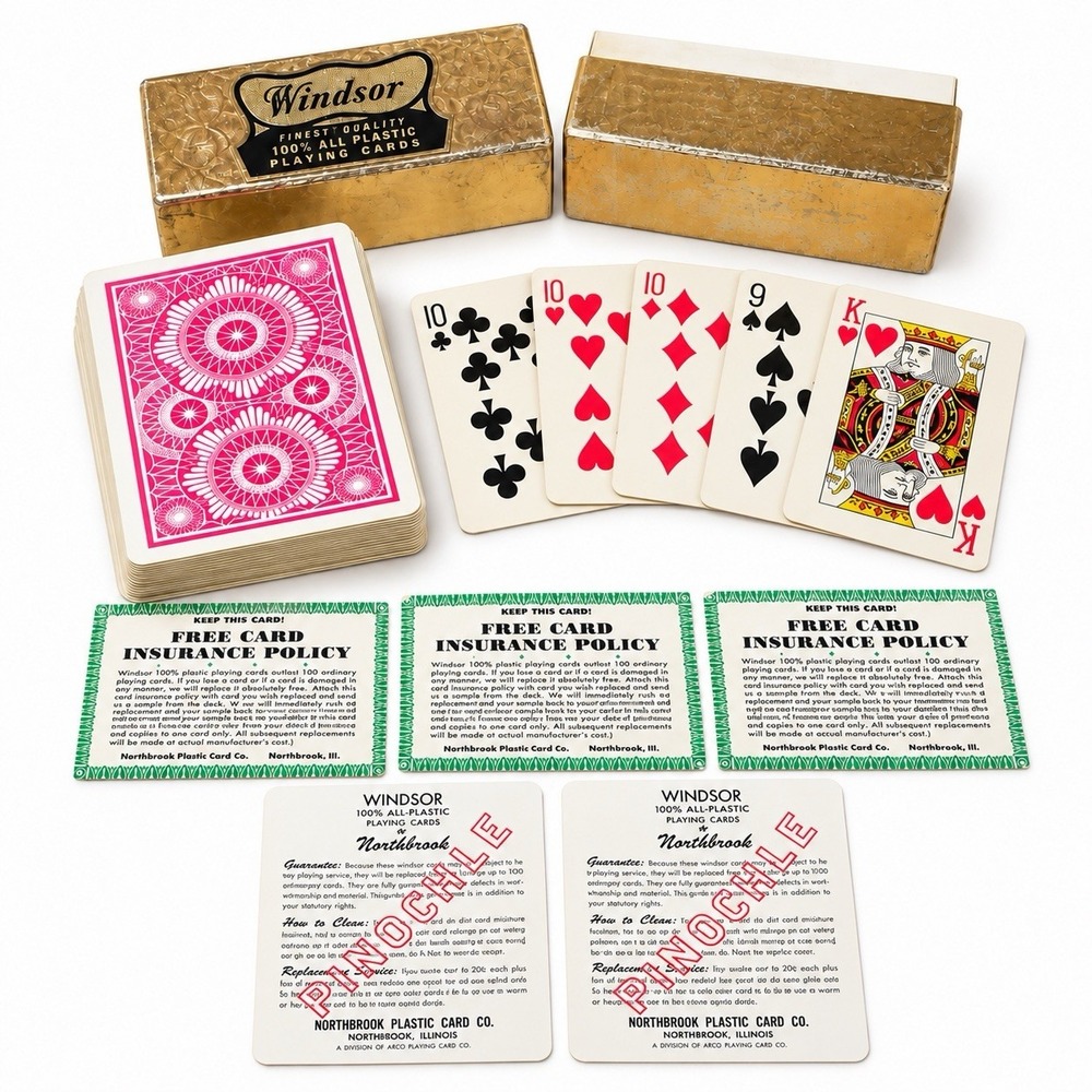 Vintage Windsor Northbrook Double Deck Pinochle Playing Cards Gold Case 1960s